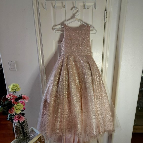 Rose Gold hi-low shimmery formal dress with bow attached
